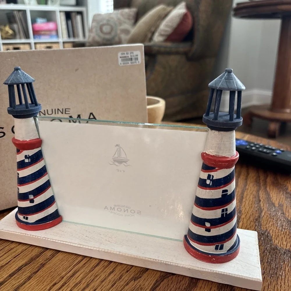 Sonoma Home Goods Lighthouse Picture Frame 4x6 Nautical Beach Decor Red Blue